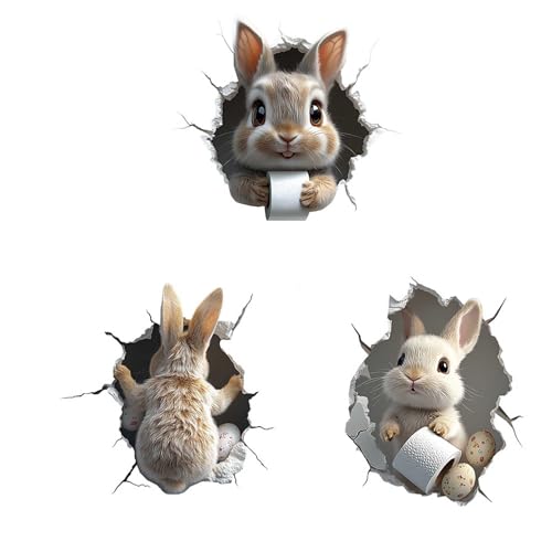 3pcs Deko Aufkleber WC Deckel, Toilettendeckel Bad Badezimmer Klo Funsticker, 3D Osterhase Hasen Toiletten Dekoration, Toiletten Aufkleber, Wohnkultur Wandaufkleber, selbstklebend (Grau, 37x29x0.5cm) von Generic