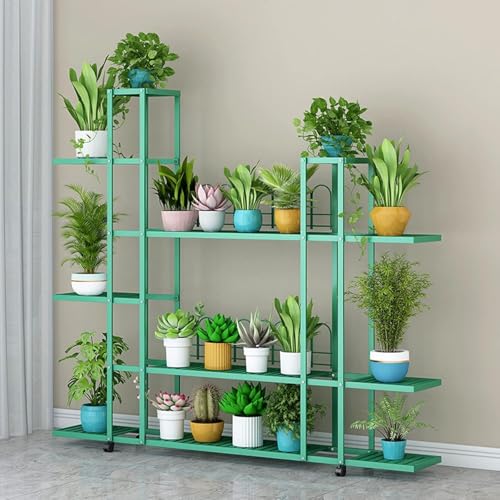 4/5/6stufenförmiger Pflanzenständer Metall Blumentopfhalter Mit Rädern Und Bremsfunktion Organizer Rack Multi Storage Eckregal Indoor Outdoor Blumenregal Einfache Übertragung, Green, 6 Tier von Generic