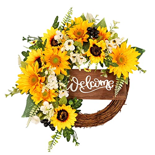 40cm Künstlicher Sonnenblume Kranz Willkommensschild Türkranz Willkommen Türschild Wandkranz Kranz Haustür Türschild Kranz Türkranz Girlande Wandbehang Zubehör Kränze Blumenkranz (Khaki, 40cm) von Generic