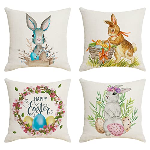 4er Set Kissenhülle Ostern Happy Easter Dekoration Kissenbezüge Osterdeko Baumwolle Leinen Kissenbezüge Ostern Hase Sofa Kissen für Wohnzimmer Büro Auto Dekor von Generic