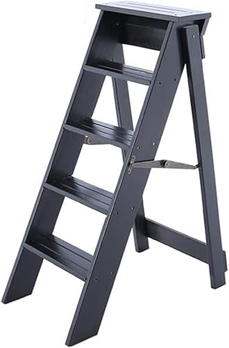 5 Trittstufe Hocker Leiter Stuhl, Holz Haushalt Treppenstuhl Sicherheit Trittleiter Sitze Verbreitert Hoher Hocker Haus Garten Werkzeug Heavy Duty Max. 150kg, Black von Generic