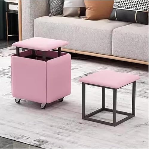 5 in 1 Sofahocker, stapelbarer Fußhocker, multifunktionaler Kosmetikhocker aus Leder mit Rollen,(Color:Rose) von Generic