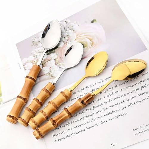 6/24pcs Rein Natürlicher Bambusgriff Silber Besteck Set Geschirr Set Messer Löffel Gabel Besteck Edelstahl Geschirr Set, 24pcs Silver von Generic