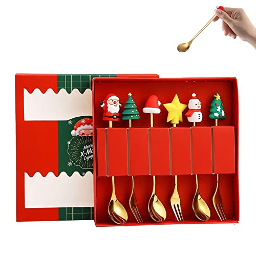 6-teiliges Weihnachtslöffel-Set | sicherer, langlebiger zarter Dessertlöffel und Gabel | wiederverwendbarer, niedlicher Cartoon-Weihnachtsmann, schöne Geschenkbox für Verwandte, Kollegen, Freunde von Generic
