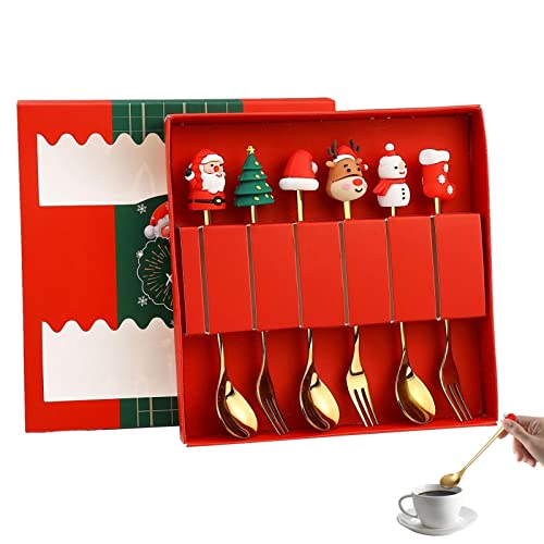 6-teiliges Weihnachtslöffel-Set | sicherer, langlebiger zarter Dessertlöffel und Gabel | wiederverwendbarer, niedlicher Cartoon-Weihnachtsmann, schöne Geschenkbox für Verwandte, Kollegen, Freunde von Generic