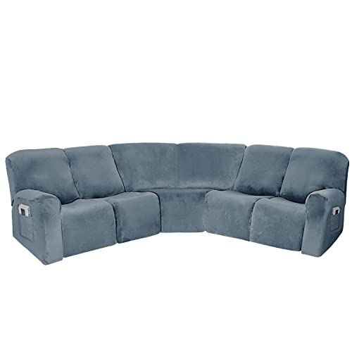 7-teiliges Stretch-Sofa-Bezug aus Samt, L-Form für Liegesofas, inklusive 4-Sitzer, 1 Ecksitz und Liegesofabezug für 5-Sitzer, grau und blau von Generic