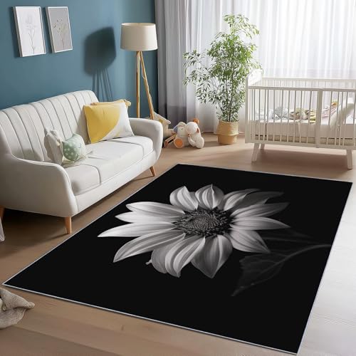 80 x 150 cm Teppich Wohnzimmer Fotografie Sonnenblumen Pflanzen Bedruckter Thema Teppich, Schwarz Grau Teppiche Waschbar Rutschfester Kurzflor für Schlafzimmer Esszimmer Eingang Flur Korridor von Generic