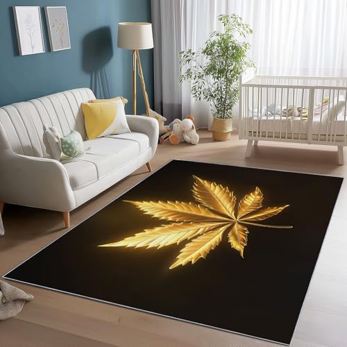 80 x 150 cm Teppich Wohnzimmer Pflanzen Textur Film Blätter Bedruckter Thema Teppich, Schwarz Gold Teppiche Waschbar Rutschfester Kurzflor für Schlafzimmer Esszimmer Eingang Flur Korridor von Generic