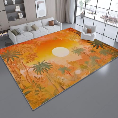 80 x 150 cm Teppich Wohnzimmer Retro Tropische Pflanzen Palmen Sonne Bedruckter Thema Teppich, Orange Grün Teppiche Waschbar Rutschfester Kurzflor für Schlafzimmer Esszimmer Eingang Flur Korridor von Generic