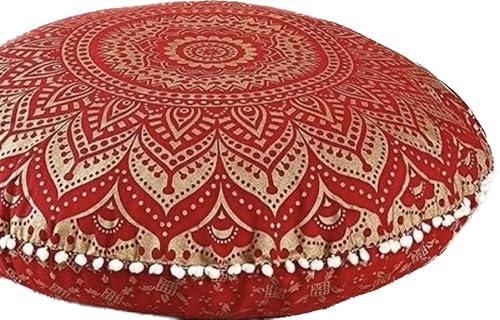 81,3 cm großer Mandala-Kissenbezug, Meditationskissen, Hippie, rund, bunt, dekorativ, Bohemian-Akzent, Boho-Chic, indischer Pouf, Ottomane, handgefertigt, nur Bezug, Elefant, Ombré-Rot / goldfarben von Generic