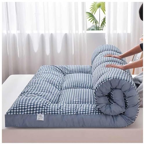 8cm Thick Foldable Futon Mattress Soft Portable Japanese Floor Mat Easy Storage Double/Single/Queen Size Grey Plaid Perfect for Home & Travel(Blue Plaid,90x200cm) von Generic