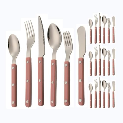ABS Nietengriff Marmormuster Küche Edelstahl Besteck Geschirr Messer Gabeln Löffel Set Buttermesser Dessertlöffel Gabel (Rosa,24 Stück) von Generic