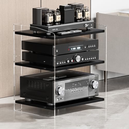 AV-Medienständer Audio-Video-Regal HiFi Rack aus Holz & Acryl, Höhenverstellbarer Medienauf bewahrungssch rank, Offener CD-Player-Ständer, für HiFi-Komponenten(White,60.6cm/23.9in) von Generic