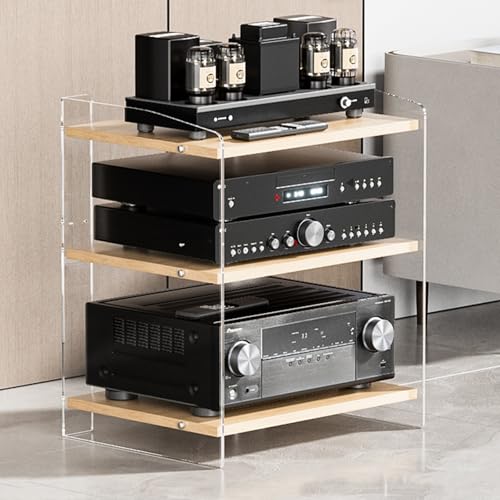 AV-Medienständer Audio-Video-Regal HiFi Rack aus Holz & Acryl, Höhenverstellbarer Medienauf bewahrungssch rank, Offener CD-Player-Ständer, für HiFi-Komponenten(Yellow,60.6cm/23.9in) von Generic