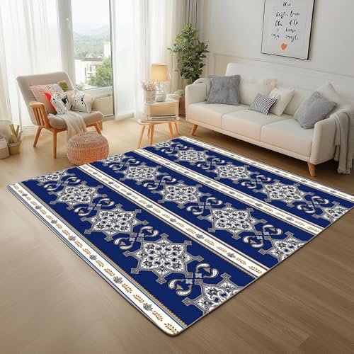 Abstrakt Geometrie Streifen Blau Teppich Wohnzimmer 180x240cm, Flauschiger Kurzflor Teppich Waschbarer Moderner Teppiche Luxuriöse Abstrakt Geometrie Formen von Generic