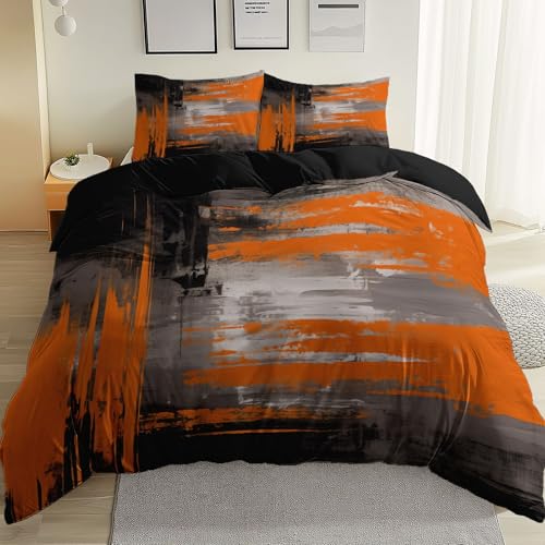 Abstrakt Ölgemälde Textur Drucken Bettwäsche Set, 155 x 200 cm 3-teilig, Orange Grau Wendebettwäsche Weiche Angenehme Mikrofaser Bettwäsche Sets mit Reißverschluss von Generic