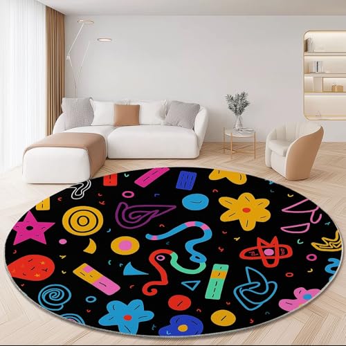 Abstrakt Runder Teppiche 200 cm Kritzeleien Linien Formen Waschbarer Runder Teppich rutschfest Fusselfrei Niederflor Für Wohnzimmer Kinderzimmer Schlafzimmer Couchtisch Bunt von Generic