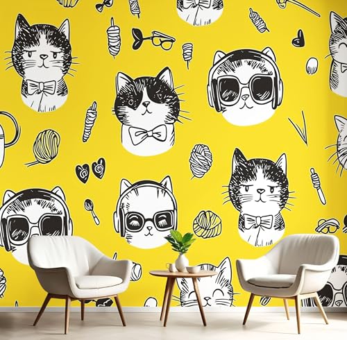 Abstrakte Katze Tapete Selbstklebende Tapete Niedlicher Cartoon Mustertapete Gelb Tapeten Wohnzimmer Muster Möbelfolie Schlafzimmer Flur Wand Dekoration 450X315Cm von Generic