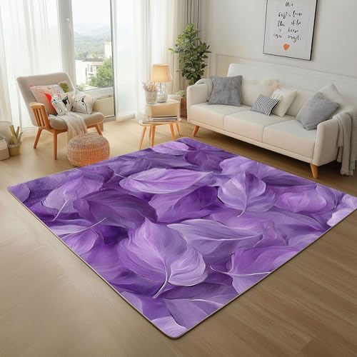 Abstrakte Pflanzenblätter in Lila Teppich Wohnzimmer 140x200cm Kurzflor Waschbarer Teppich Super Weich rutschfest Traumhafte lila Blätter Wohnzimmerteppich für Schlafzimmer Esszimmer von Generic