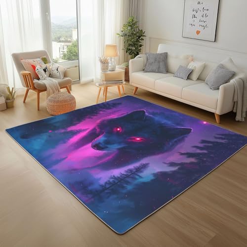 Abstrakter Dschungeltier Wolf Waschbare Teppiche Gegend 200x300cm Teppich Flauschig Gänseblümchen-Blumenmond Wohnzimmer Schlafzimmer Teppisch rutschfest Kurzflor Weich Rugs for Living Room Carpet von Generic