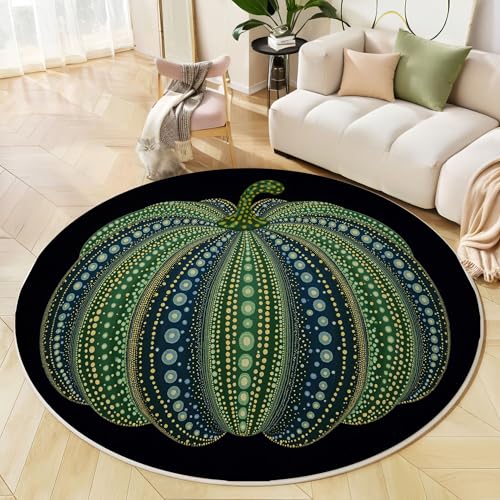 Abstrakter Kürbis Teppich Rund 200 cm Tupfen-Design rutschfest Teppiche Wohnzimmer Runder Waschbar Teppiche Kurzflor Weich Runder Teppich Grün for Wohnzimmer Schlafzimmer Studie Heimbüro von Generic