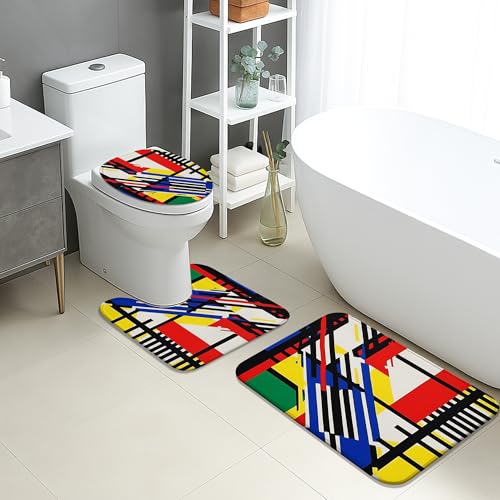 Abstraktes Badezimmermatten-Set, 3-teilig, buntes geometrisches Design, saugfähig, rutschfest, U-förmig, waschbar, moderne Kunst, schnell trocknend, Memory-Schaum, Badezimmerteppich-Set von Generic