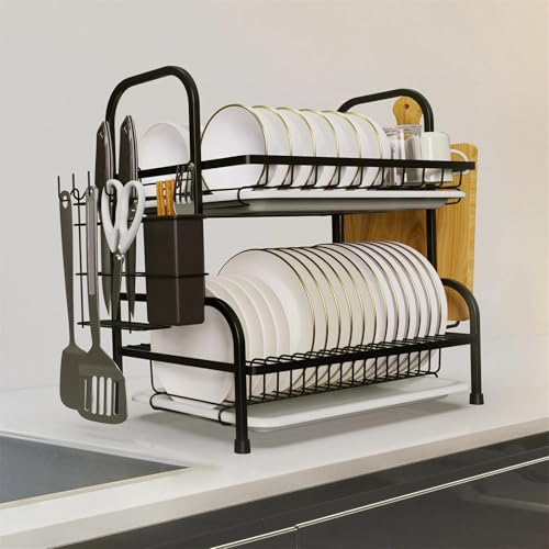 Abtropfgestell 2-stöckig für Küche Abflussbrett Tablett Platzsparend mit Utensilienhalter Abtropffläche Schwarz Abtropfgestell 2-stöckig für Küche Abflussbrett Tablett Platzsparend mit Utensilienhalter Abtropffläche Schwarz von Generic