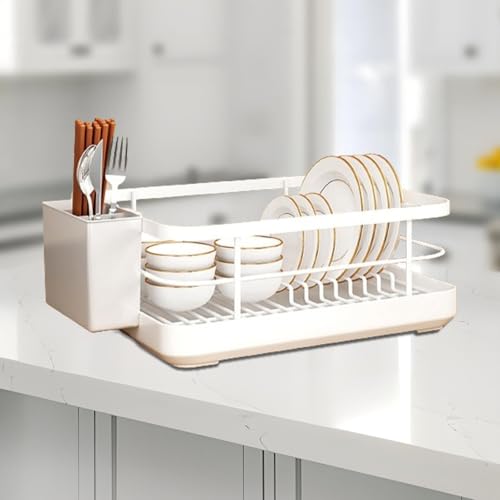 Abtropfgestell Geschirr, Geschirrabtropfgestell mit Besteckablage, Geschirr abtropfständer, Dish Drying Rack, Kohlenstoffstahl und ABS, Für Teller, Löffel, Gabeln und Essstäbchen 34x26x16 cm (Weiß) von Generic