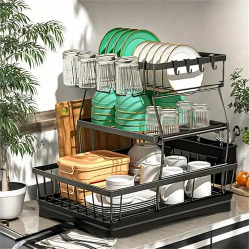Abtropfgestell mit 3 Ebenen für Küchentheke, automatisches Abtropfgestell, rostfrei, Abtropfgestell für Küchentheke, Schwarz von Generic