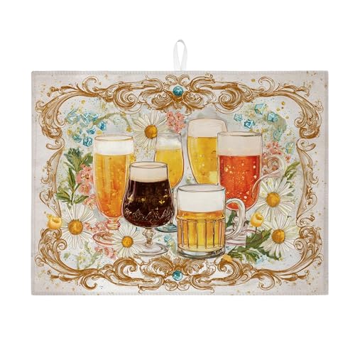 Abtropfmatte für Biergläser im Vintage-Stil, florales goldfarbenes saugfähiges Abtropfgestell, rustikale Mikrofaser-Abtropfmatte für Kaffeebar, 45,7 x 61 cm Abtropfmatte für Biergläser im Vintage-Stil, florales goldfarbenes saugfähiges Abtropfgestell, rustikale Mikrofaser-Abtropfmatte für Kaffeebar, 45,7 x 61 cm von Generic
