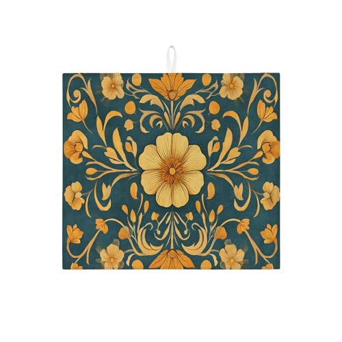 Abtropfmatte mit Blumenmuster für Küchentheke, Vintage-Stil, gelb, florales saugfähiges Abtropfgestell, Herbst-Mikrofaser-Trockenunterlage für Küchentheke, Dekorateur 40,6 x 45,7 cm von Generic