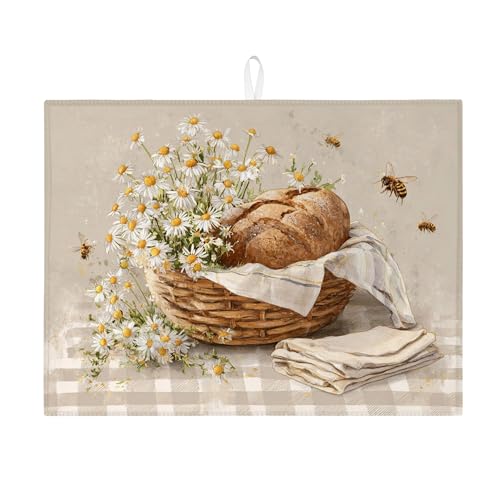 Abtropfmatte mit Blumenmuster für Küchentheke, rustikales Gänseblümchen-Design, saugfähiges Abtropfgestell, Frühlingssaison, Mikrofaser-Abtropfunterlage für Küchentheke, 45,7 x 61 cm von Generic