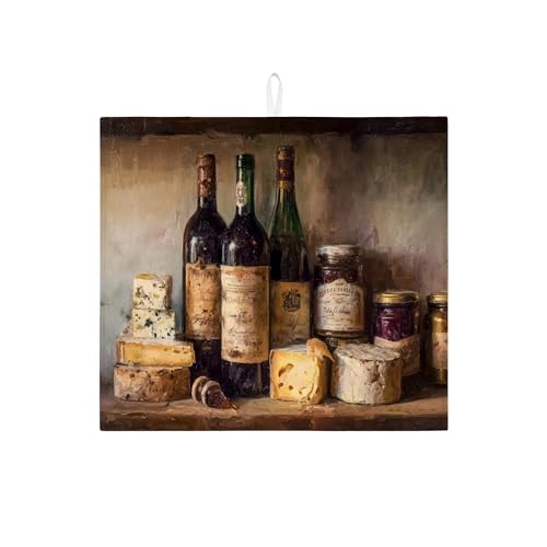 Abtropfmatte mit Käse- und Weinmotiv für Küche, rustikales Bauernhaus, saugfähiges Abtropfgestell, Herbst-Mikrofaser, Abtropfmatte für Küchentheke, 40,6 x 45,7 cm von Generic
