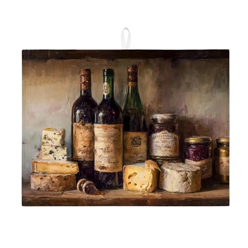 Abtropfmatte mit Käse- und Weinmotiv für Küche, rustikales Bauernhaus, saugfähiges Abtropfgestell, Herbst-Mikrofaser, Abtropfmatte für Küchentheke, 45,7 x 61 cm von Generic