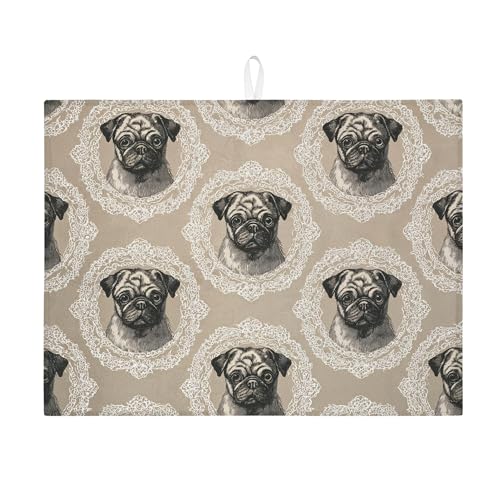 Abtropfmatte mit Mopsmuster für Küchentheke, Vintage-Design, einfarbiges Mops-Tier-Design, saugfähiges Abtropfgestell, elegante Mikrofaser-Abtropfmatte für Kaffee-Bar-Schutz, 45,7 x 61 cm von Generic