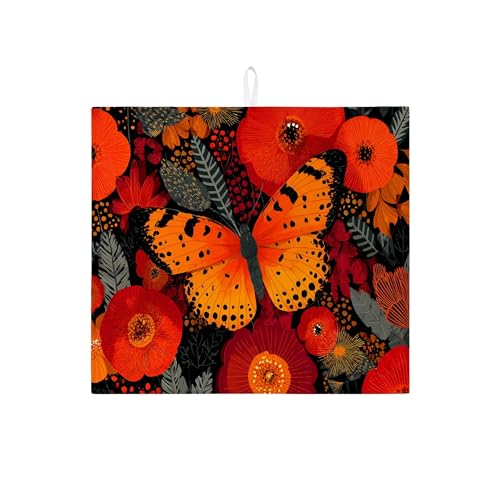 Abtropfmatte mit Schmetterlings-Blumenmuster für Küchentheke, lebendige orangefarbene Blume, saugfähiges Abtropfgestell, Matte, Frühlingssaison, Mikrofaser-Abtropfmatte für Küchendekoration, 40,6 x von Generic