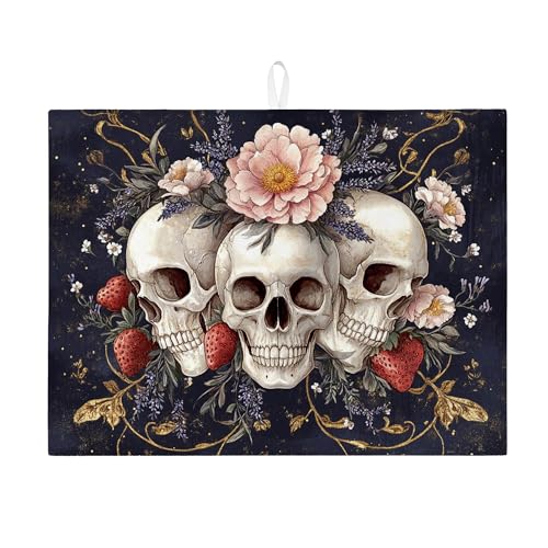 Abtropfmatte mit Totenkopf-Blumenmuster für Küchentheke, Vintage, Gothic, Blumenmuster, saugfähiges Abtropfgestell, Matte, Herbst-Mikrofaser-Trockenunterlage für Küchentheke, Kaffee, Bar, Schutz, 45,7 von Generic