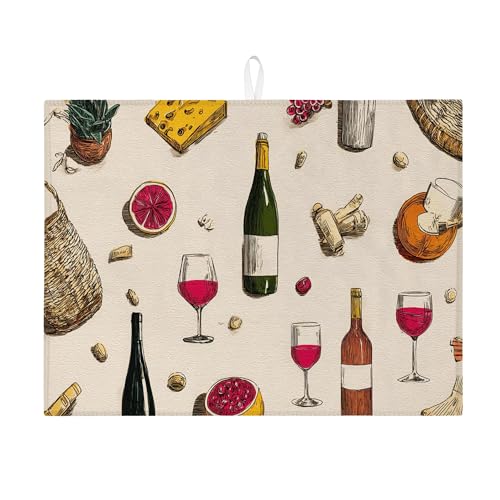 Abtropfmatte mit Weinmotiv für Küchentheke, handgezeichnete Weinflasche und Käse, saugfähiges Abtropfgestell, saisonale Mikrofaser-Abtropfmatte für festliche Unterhaltung, 45,7 x 61 cm von Generic