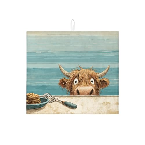 Abtropfmatte mit niedlichem Kuh-Design, lustiger Cartoon-Stil, saugfähiges Abtropfgestell, gemütliche Mikrofaser-Abtropfmatte für Heimdekoration, 40,6 x 45,7 cm von Generic