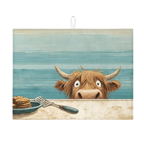 Abtropfmatte mit niedlichem Kuh-Design, lustiger Cartoon-Stil, saugfähiges Abtropfgestell, gemütliche Mikrofaser-Abtropfmatte für Heimdekoration, 45,7 x 61 cm von Generic