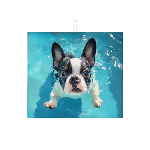 Abtropfmatte mit süßem Boston Terrier für Küchentheke, buntes Pooltier-Design, saugfähiges Abtropfgestell, lustige Mikrofaser-Abtropfmatte für den täglichen Gebrauch, 40,6 x 45,7 cm von Generic