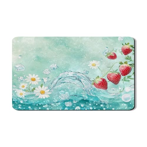 Abtropfmatten mit Erdbeermotiv für Küchentheke, charmantes Blumen- und Aquarell-Design, saugfähiges Gummi-Abtropfgestell, Sommer-Küchendekoration, 30,5 x 50,8 cm von Generic