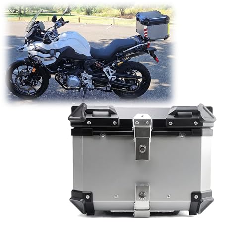 Aluminium-Motorrad-topcase, Motorrad-Kofferraum Mit Sicherheitsschloss Und Rückenlehne, wasserdichte Motorrad-Heck-topbox, Doppelschlüssel-aufbewahrungs-trägertasche, Tour-, Silver, 55L von Generic