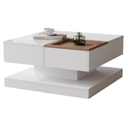 Anhebbarer Multifunktionstisch 75,5x75,5x38cm mit 4 Fächern und Tablett Hochglanz Weiß & Holz Geometrischer Couchtisch für Wohnzimmer von Generic