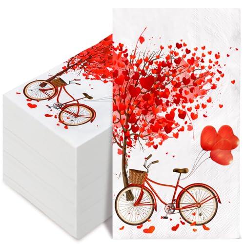 AnyDesign 100 Stück Valentinstag Gästeservietten rotes Herz Baum Fahrrad Druck Papier Abendessen Servietten süße dekorative Einweg-Handservietten für Party-Geschirr, 33 x 39 cm von Generic