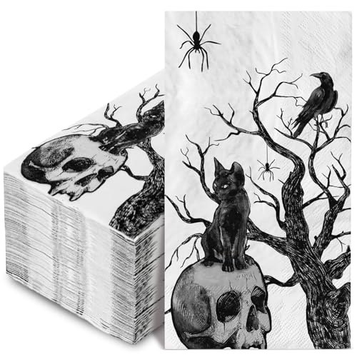 AnyDesign 80 Stück Halloween Gäste-Papierservietten Schwarz Weiß Totenkopf Katze Einweg Abendessen Serviette Dekorative Hand Serviette Handtuch, 33 x 40 cm von Generic