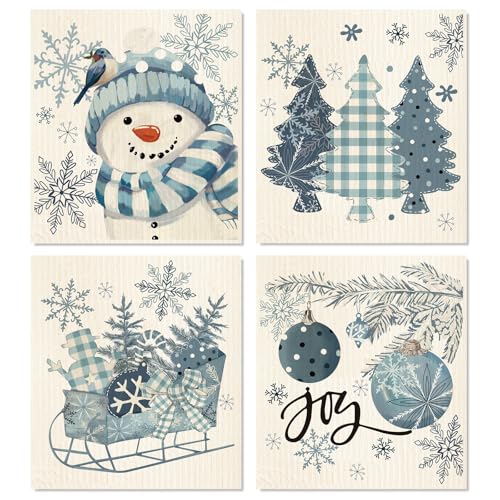 AnyDesign Weihnachtliches schwedisches Geschirrtuch, Blau, Winter, Schneemann, Schneeflocke, Weihnachtsbaum, Geschirrtuch, wiederverwendbar, Baumwolle, Küchentuch für Zuhause, Thekenreinigung, 17,8 x von Generic