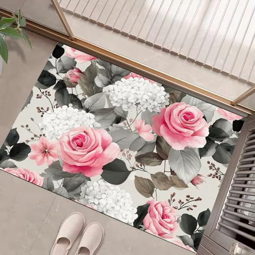 Aquarellblumen Fußmatte - rutschfeste Schmutzfangmatte Elfenbein Für Innen, Fußabtreter Rosa Rose Für Flur, Eingangsbereich & Überdachten Außenbereich - 50 X 80 cm von Generic