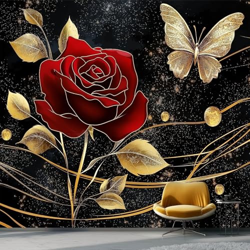 Art Fototapete Rose Und Schmetterling Art Mauer VliesTapete 350 x 256 cm, Wandtapete Moderner Luxusstil Wanddeko Wand Wohnzimmer Schlafzimmer Wohnung Wandbilder, Schwarz Gold Art Fototapete Rose Und Schmetterling Art Mauer VliesTapete 350 x 256 cm, Wandtapete Moderner Luxusstil Wanddeko Wand Wohnzimmer Schlafzimmer Wohnung Wandbilder, Schwarz Gold von Generic