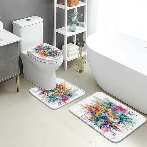 Artistic Badezimmermatten-Set, 3-teilig, bunte Libellen, abstrakt, saugfähig, rutschfest, U-förmig, waschbar, lebendiger, schnell trocknender Memory-Schaum, Badezimmerteppich-Set von Generic